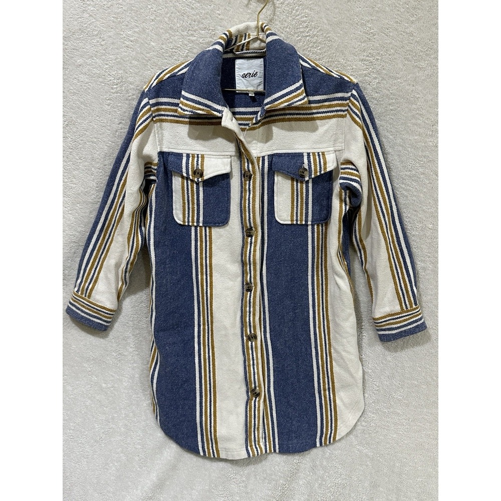 NWT Aerie Cream and Blue Stripe Oversized Flannel Shacket Size XS Lumber Jane